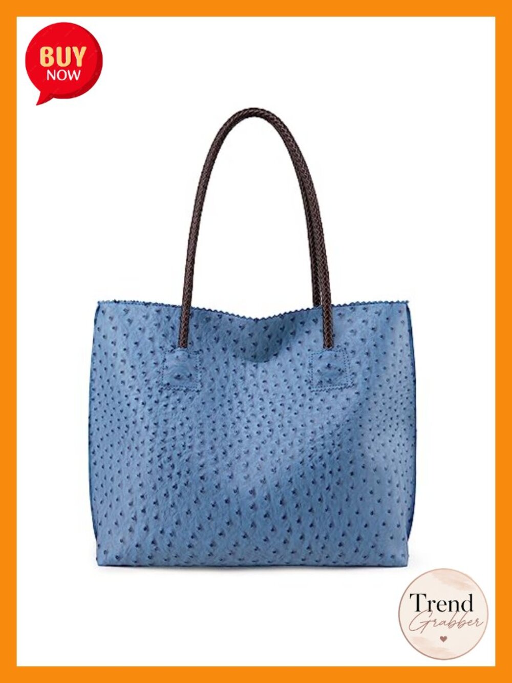 Ostrich-Textured Vegan Leather Tote Bag with Zipper and Braided Handles